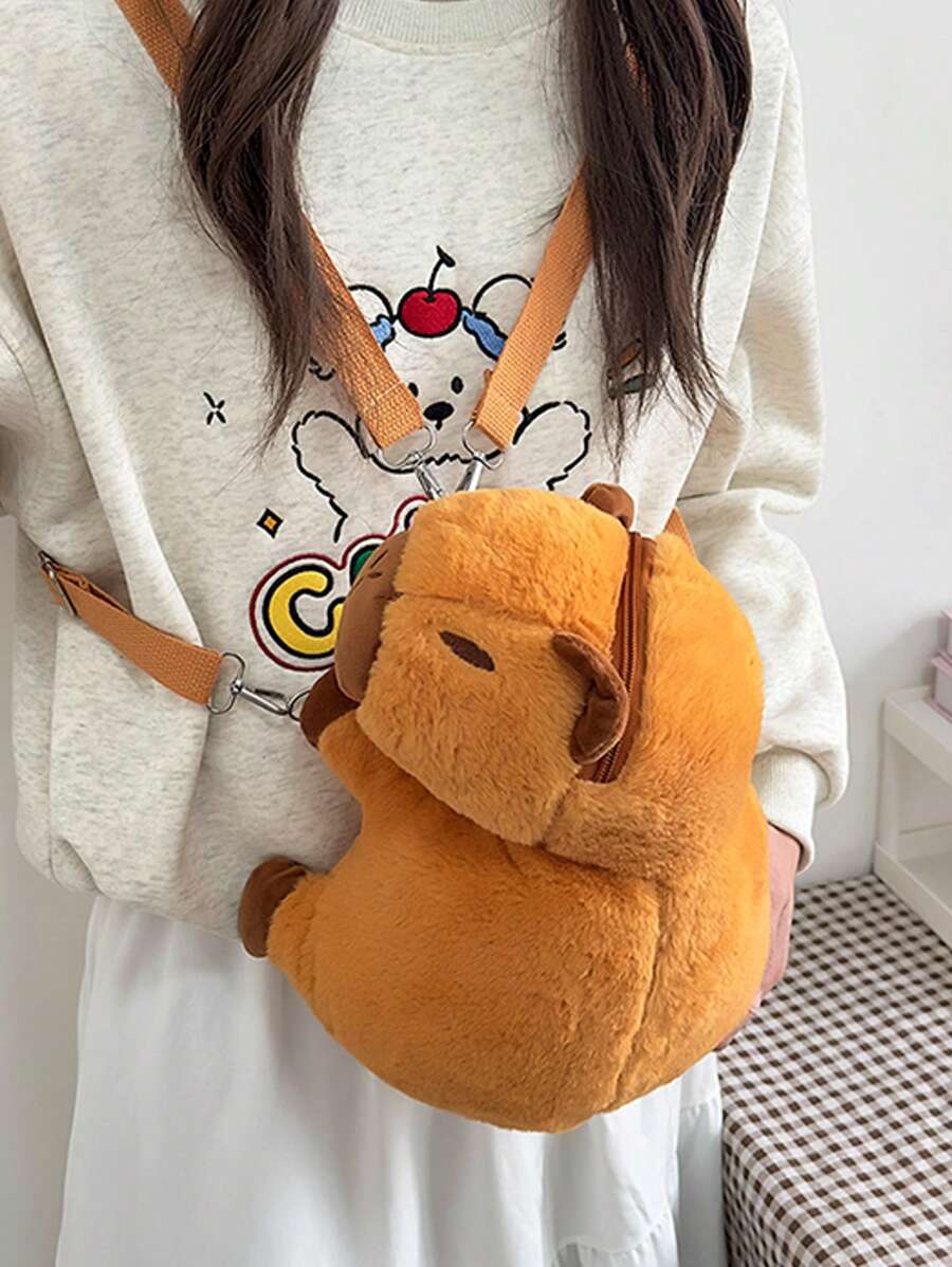 New Cute Capybara Plush Backpack With Detachable Shoulder Strap, Plush Material - Brown - View 1