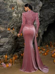 Faeriesty 女士优雅丝绒美人鱼长裙，饰以闪亮亮片刺绣 | 适合正式晚宴、婚礼、戛纳派对和奢华夏季度假装扮 - 藕粉色 - 查看 3