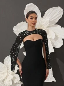 黑色绷带紧身连衣裙，优雅正式中长鱼尾晚礼服，欧美风格，派对礼服，婚礼宾客礼服 - 黑色 - 查看 6