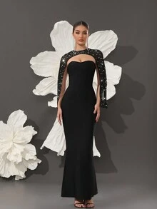 黑色绷带紧身连衣裙，优雅正式中长鱼尾晚礼服，欧美风格，派对礼服，婚礼宾客礼服 - 黑色 - 查看 3