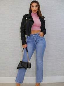 Long Sleeve Vegan Leather Crop Moto Jacket Black - Multicolor - View 7