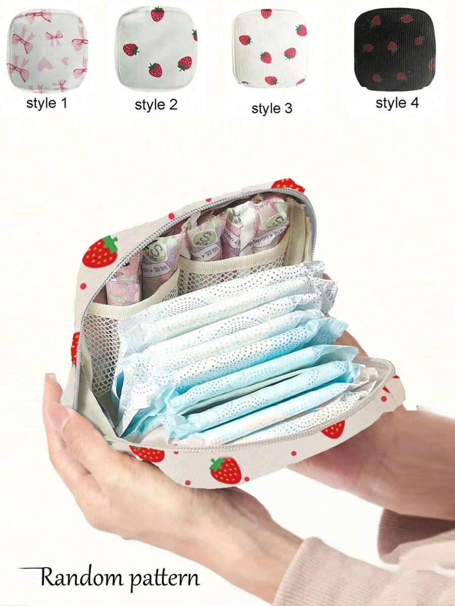 草莓和蝴蝶结印花便携式经期工具包 - 隐蔽的卫生巾储存、月经杯袋、护理垫架、卫生棉条袋、女性用品袋、带拉链封口的小型化妆包，防水、适合旅行、易于清洁的设计，适合女孩和女士，波西米亚风情