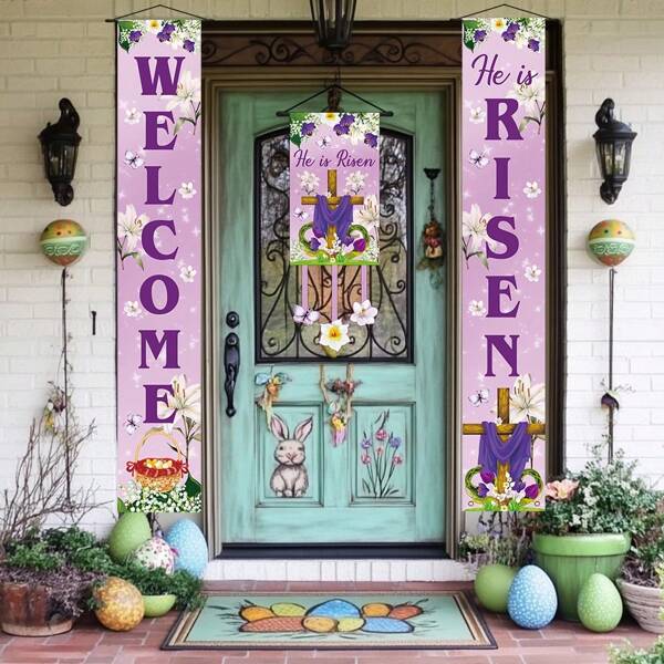 3 Stücke/Set "Frohe Ostern" Veranda Banner, Polyesterstoff, Frühlings Blumen Kreuz Muster Vordach Banner, geeignet für Partydekorationen, Innen- und Außenbereich, Wandbehang für Zuhause, Wohnzimmer