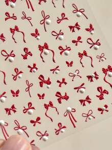 1 件简约线条蝴蝶结红色激光粉色烫印 3D 自粘指甲饰品贴纸仿珍珠水钻指甲贴纸 DIY 指甲