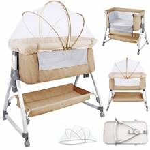Night Bed 80x40cm, Extendable Side Bed, Collapsible Baby Cradle Cododo, 6-Way Height Adjustable And Mobile With Wheels, Lower Storage Basket, A-Shaped Feet, Mosquito Net, Side Zipper Can Be Completely Lowered, 360 Degree Rotating Wheels, Gray / Beige - 米色 - 查看 5