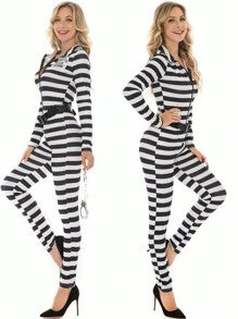 角色扮演服装 - 成人女士性感黑白条纹连体衣监狱服装