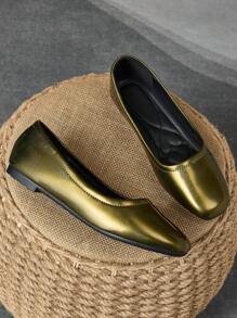 Women's Fashion Square Toe Slip-On Shoes, Bronze Color Casual Comfortable Flats For Office, Outdoor Activities, Spring/Autumn - Bronze - View 5