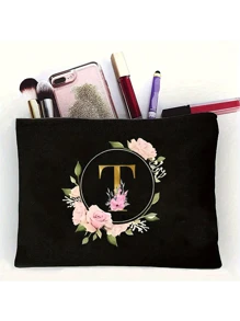 Golden Letter Floral Makeup Tote Bag - Black Polyester Zipper Bag, First Letters A-Z For Teacher Appreciation And Bridesmaid Gifts, Large Reusable Travel Storage Box, Women's Simple Large Capacity Travel Makeup Bag - Black - View 29
