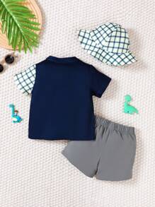 3pcs/Set Cute Cartoon Little Dinosaur Print & Plaid Splice Stand Collar Short Sleeve Shirt, Solid Color Shorts And Small Brimmed Hat