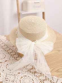 1pc Girls' Cute Princess Style Straw Flat Top Hat, Sun Protection Beach Cap, Suitable For Daily Wear, Summer - View 3