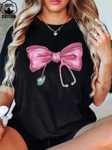 Women's 100% Cotton Nurse Medical Doctor Sweatshirt Creative Pink Bow Stethoscope Retro Sweet T-Shirt, Women's Christmas 220g Heavy Cotton T-Shirt (1 PC) - 黑色 - 查看 1