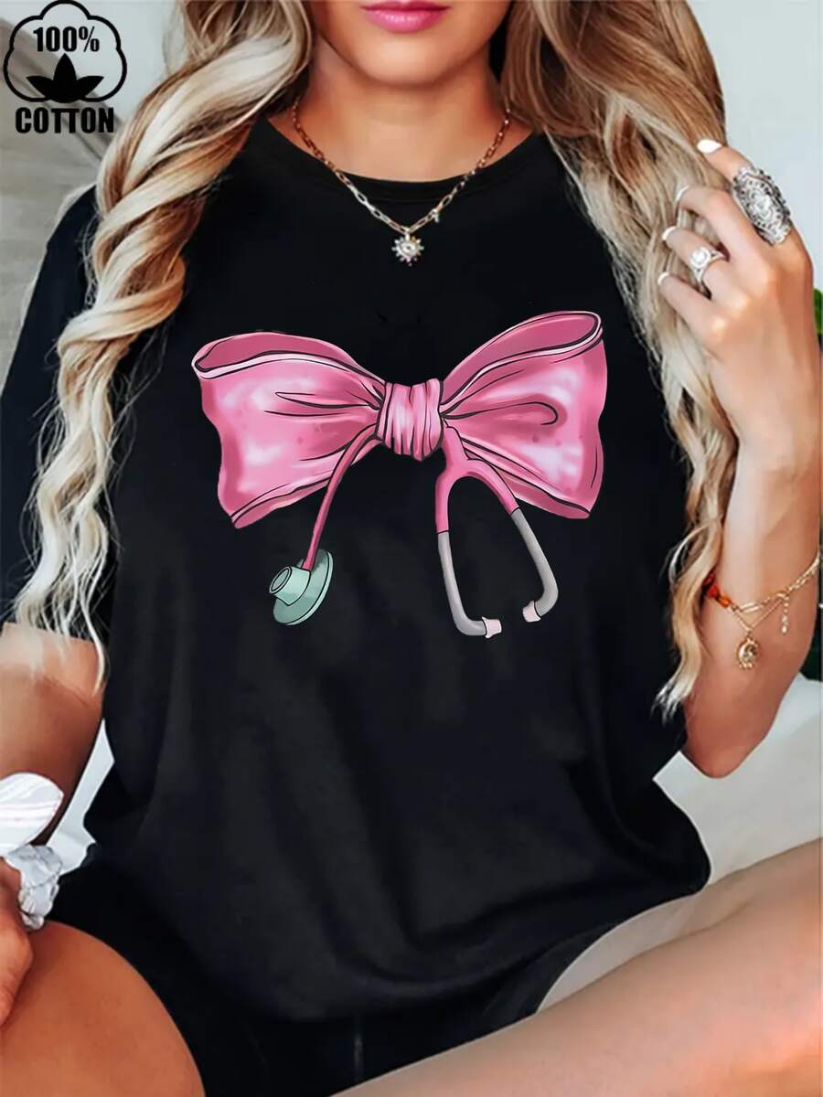 Women's 100% Cotton Nurse Medical Doctor Sweatshirt Creative Pink Bow Stethoscope Retro Sweet T-Shirt, Women's Christmas 220g Heavy Cotton T-Shirt (1 PC) - 黑色 - 查看 1