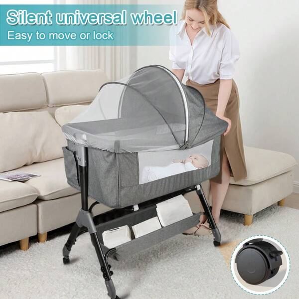 Cama lateral con ajuste de altura en 4 posiciones 80-92 cm, cuna Cododo para bebés que crece con el niño, cesta portaobjetos inferior, pies en forma de Y, 104x52x(103-115)cm, mosquitera y cremallera lateral completamente abatible. ruedas con rotación de 360 grados, Gris / Negro / Beige / Azul