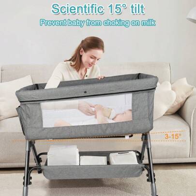 Culla Cododo con piedini a Y, regolazione dell'altezza in 4 posizioni (80-92 cm), cestello portaoggetti inferiore (104 x 52 x (103-115) cm), zanzariera e cerniera laterale completamente abbassabile, ruote girevoli a 360 gradi, grigio/nero/beige/blu