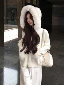 Cozy Fur Collar Hooded Knit Sweater Cardigan For Women, Loose And Slimming, Autumn