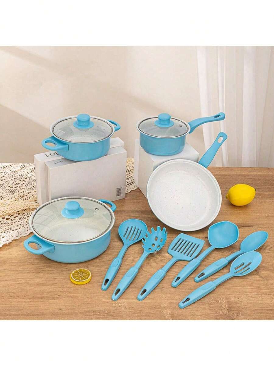 Juego de ollas de 13 piezas, juego de cocina de inducción de olla de piedra de 13 piezas, olla multifunción, olla antiadherente, juego de ollas antiadherentes multifunción de gran capacidad, juego de cocina antiadherente para estufa eléctrica doméstica, juego de utensilios de cocina, suministros de cocina, herramientas de cocina, apariencia exquisita, operación simple, superficie de cocción antiadherente resistente a los arañazos sin PFOA, adecuada para todo tipo de estufas, adecuada para el hogar, la escuela, los viajes, la tienda (azul, morado, rosa, negro) - azul 1 - Ver 1