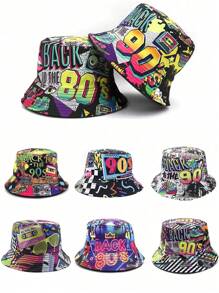 Cappello a secchiello unisex reversibile, in stile retrò anni '90 e '80, design con motivo vintage, cappello a secchiello casual da streetwear
