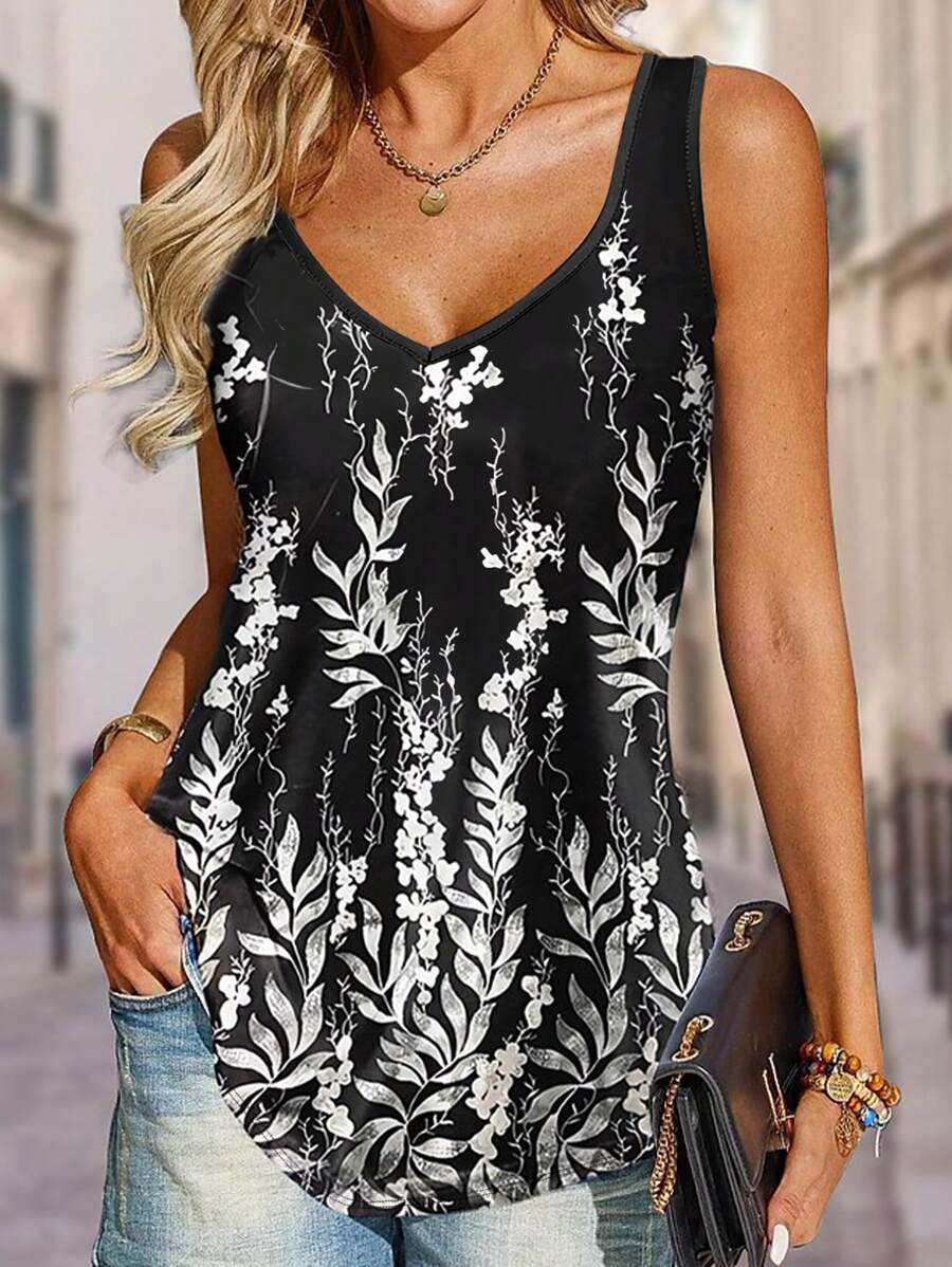 女式 V 领花卉印花无袖上衣，春夏季百搭运动衫
