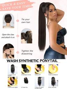 Pferdeschwanz Verlängerungs-Klammer-Clip 24 Zoll lang gerade Pferdeschwanz-Verlängerung, natürlich weich, hitzebeständig, synthetische Pferdeschwanz-Haarverlängerung für Frauen im Alltag