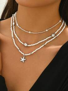 3pcs/Set Rice Bead & Faux Pearl Beaded Silver Starfish & Shell Necklace, Handmade Simple Beach Ocean Style Necklace For Women, Suitable For Daily Wear & Vacation - Starfish + Shells - View 2