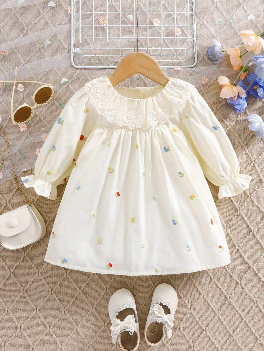 1 pezzo Vestito casual e ampio da ragazza ricamato con ricami floreali, orlo increspato, medio lunghezza, adatto per uso all'aperto/vacanze/feste, primavera/estate