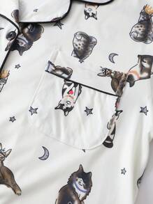 2 件套女士舒适月亮星猫印花睡衣，短袖上衣和松紧腰裤家居服，两件套 - 米色 - 查看 5