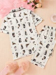 2 件套女士舒适月亮星猫印花睡衣，短袖上衣和松紧腰裤家居服，两件套 - 米色 - 查看 3