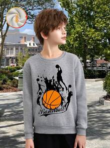 Sports Style Youthful Vitality Basketball Player Silhouette Basketball Print Boy Flower Gray Drop Shoulder Sweatshirt Curve Oversize Sweatshirt Casual All-Match Autumn And Winter Thick Fabric Warm Fleece Lining Round Neck Sweatshirt Loose Street College Style Long Sleeve Suitable For Cold Weather Clothing Containing Cotton Children's Clothing Plus Velvet Comfortable