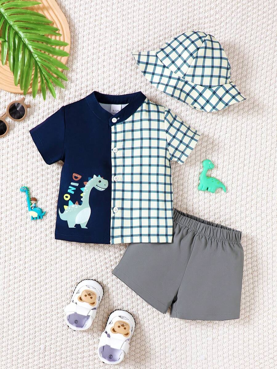 3pcs/Set Cute Cartoon Little Dinosaur Print & Plaid Splice Stand Collar Short Sleeve Shirt, Solid Color Shorts And Small Brimmed Hat