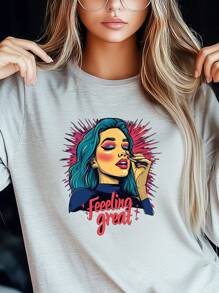 Camiseta de manga larga para mujer de talla grande, con estampado retro de "Feeling Great Girl", de corte holgado y cuello redondo, para uso casual y en la calle