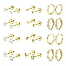 Aretes de acero quirúrgico hipoalergénico para orejas sensibles. Aretes de espalda plana para mujeres y hombres. Juego de aretes pequeños de acero inoxidable de espalda plana, aro y cartílago para múltiples perforaciones - pendientes - Ver 10