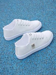 Women's Simple Letter Lace-Up Canvas Shoes, Casual Sports Canvas Shoes, Breathable And Versatile - 白色 - 查看 1
