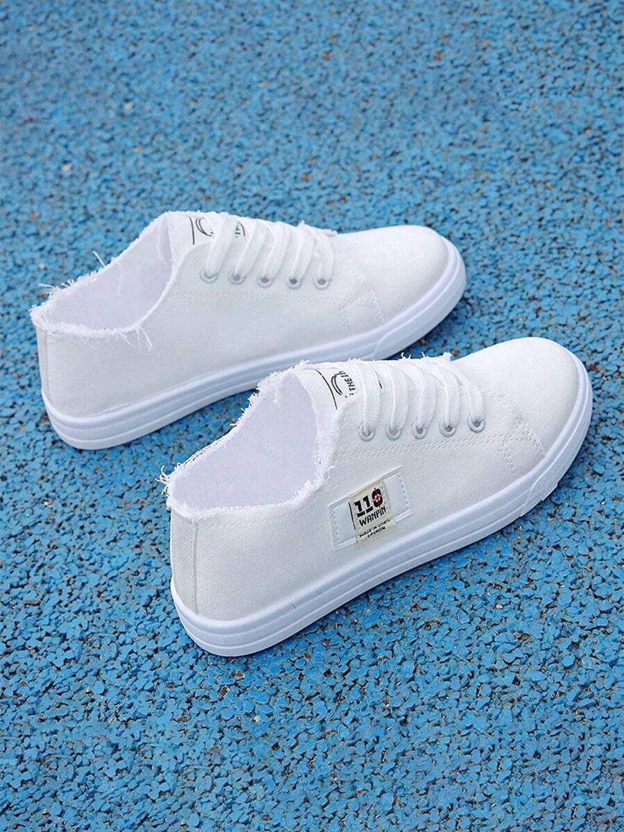 Women's Simple Letter Lace-Up Canvas Shoes, Casual Sports Canvas Shoes, Breathable And Versatile - 白色 - 查看 1