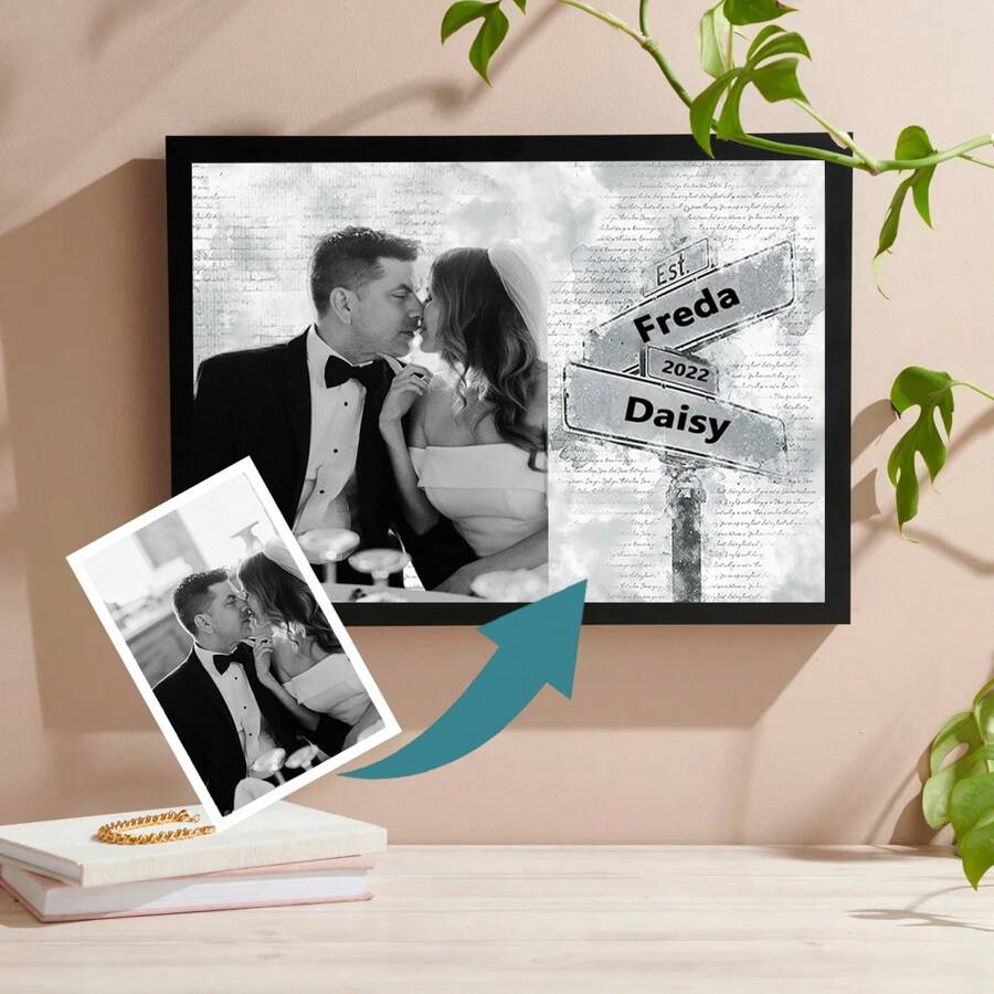 1 szt., niestandardowa dekoracja ścienna ze zdjęciami ślubnymi, najlepszy prezent dla pary, spersonalizowana sztuka ze zdjęciami rodzinnymi na ścianie, prezent na płótnie rodzinnym, prezent rodzinny, najlepszy prezent, prezent dla pary, prezent rocznicowy, prezent na rocznicę ślubu, niestandardowa data ślubu, niestandardowy prezent z imieniem, prezent dla niego, bez ramki
