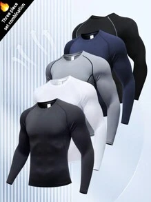 5pcs Men's Compression Long Sleeve Sports Tops, For Gym Running, High Stretch, Outdoor Casual Sports