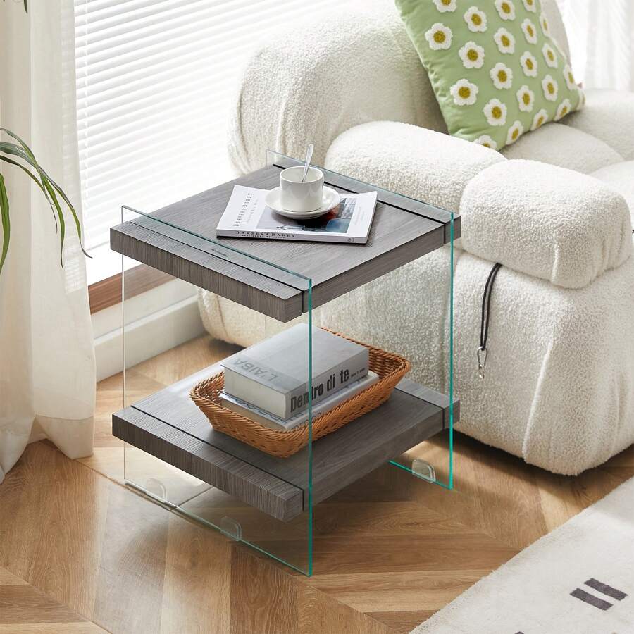 17.72" Sleek And Sturdy Tempered Glass Leg Side Table With Dual MDF Shelves, Modern Nightstand End Table For Living Roon, Bedroom, Transparent/Gray - 灰色 - 查看 1