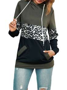 Women Spring Sweatshirt, Leopard Print Splicing Hooded Long Sleeves Pullover With Pockets For Girls, Army Green - Army Green - View 2