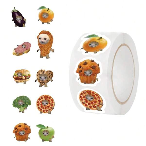500PCS Funny Cat Sticker Roll 10 Styles Kawaii Aesthetic Food Animal Stickers Cute Cat Party Favors Waterproof Vinyl Stickers (500PCS Per Roll)