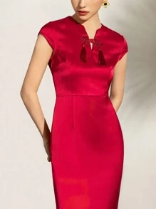 短袖流苏边后开衩缎面新款中式旗袍连衣裙 - 紅色 - 查看 6