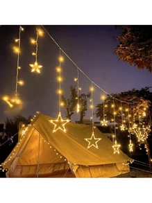 1pc 138 LEDs 3.5*0.8m USB 8 Modes Star & Moon Shaped Curtain Light, For Wedding Engagement Proposal Home Garden Holiday Indoor Outdoor Yard Decor
