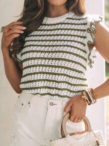 Women's Crochet Striped Knit Vest, Lightweight Round Neck Ruffle Trim Short Sleeve Top - Multicolor - View 3