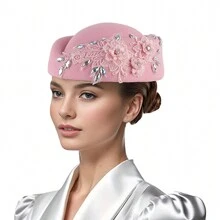 Women Vintage Church Hats Crystal Flower Applique Felt Pillbox Hats Fascinator Tea Party Hats