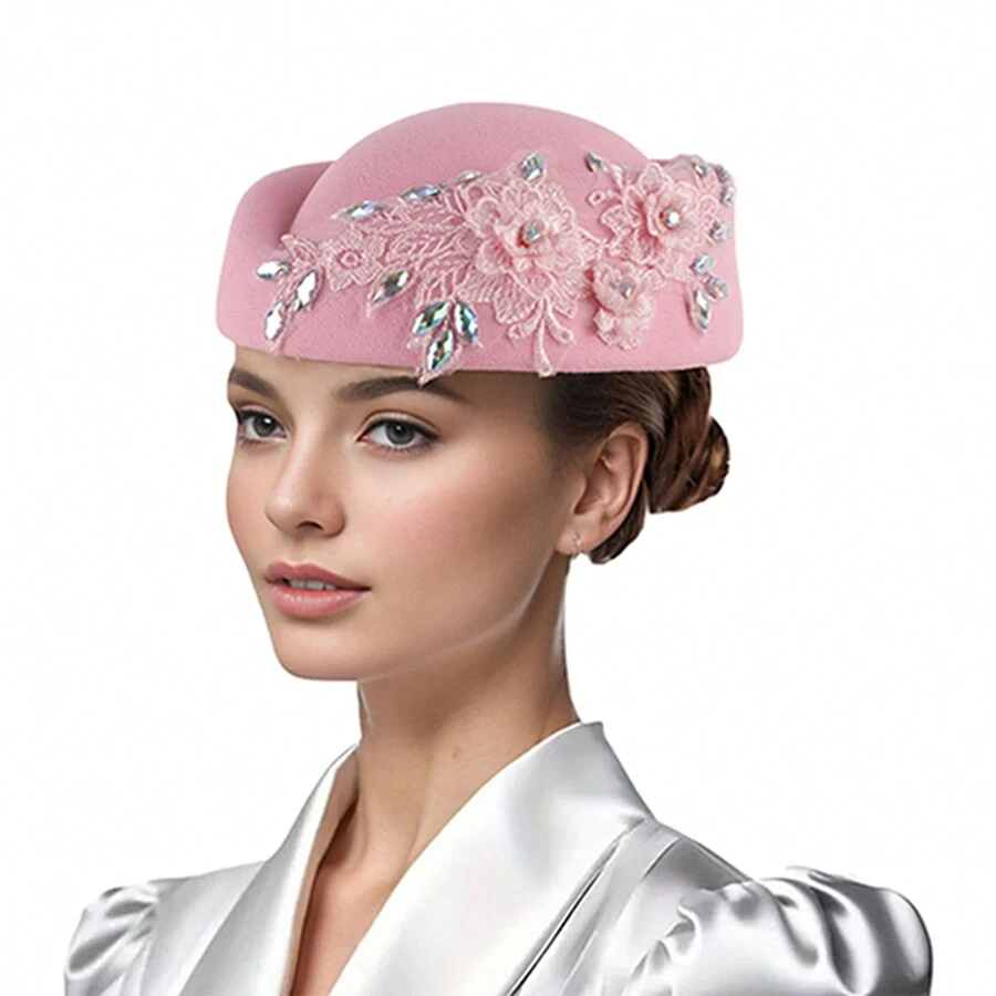 Women Vintage Church Hats Crystal Flower Applique Felt Pillbox Hats Fascinator Tea Party Hats