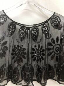 1pc Vintage Short Top, Lightweight Yet Heavily Beaded Lace Women Crop Top, Party/Event Mini Shrug For Dress - Multicolor - View 4