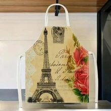 1pc Paris Eiffel Tower Pattern Linen Apron, Creative Fun Fashion Printed Home Cleaning Apron, Waterproof Oil-Proof Easy To Clean Kitchen Cooking Baking Apron, Creative Home Apron, Work Uniform