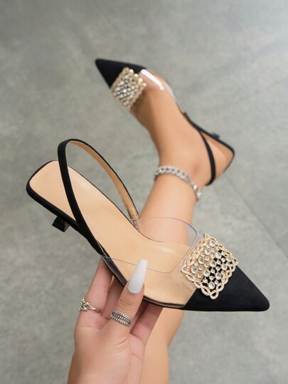 Zapatos de tacón de aguja con tira trasera y decoración de strass para mujer, elegantes y cómodos zapatos de tacón alto para fiestas formales, bodas, otoño/invierno, terciopelo negro, elegante