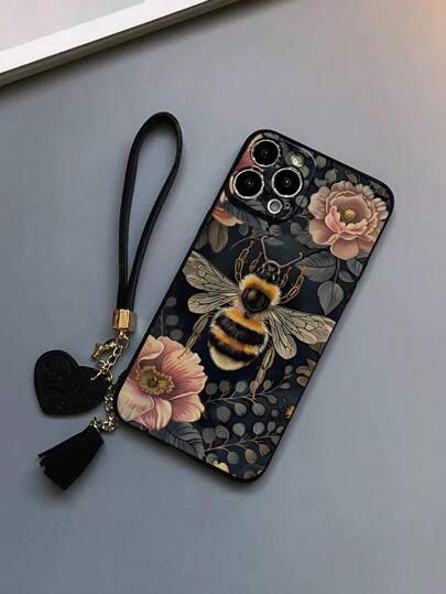 1pc Floral & Bee Printed Thick Anti-Drop Phone Case With Leather Heart-Shaped Wrist Strap, DIY Accessories Tassel Pendant Bracelet, Compatible With Iphone 16 / 16 Pro / 16 Pro Max, IPhone 15 Pro Max, IPhone 14, IPhone 13, IPhone 12, IPhone 11, XS, XR, 7/8P Waterproof Shockproof Scratch Resistant