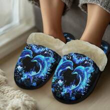 蓝色海豚女士室内拖鞋，个性化名字，冬季保暖休闲拖鞋，适合旅行、酒店、卧室、浴室，超轻防滑女士拖鞋，独特的情人节礼物 - 藍色 - 查看 6