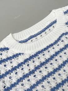 Women's Crochet Knit Striped Sweater Vest Lightweight Crewneck Ruffles Cap Sleeve Top
