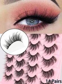 14 pares de pestañas postizas de estilo ojo de gato alargado, densas y gruesas, con aspecto natural de 16mm